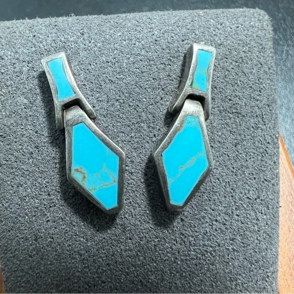 Vtg Sterling Sleeping Beauty Turquoise Inlay Dangle Earrings Native Amer… - Picture 7 of 10
